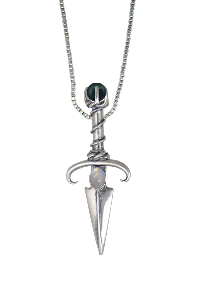 Sterling Silver Black Prince's Knife Dagger Pendant With Rainbow Moonstone And Bloodstone